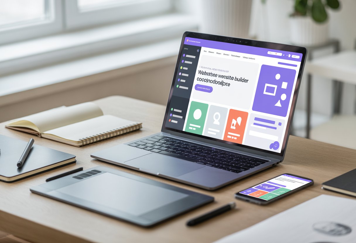 A modern workspace with a laptop showing a website builder interface, a graphic tablet, a smartphone, and office supplies on a bright desk.