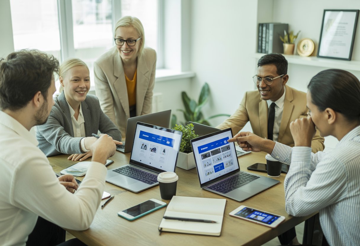 A group of small business owners working together around a table with laptops and digital devices in a bright office.