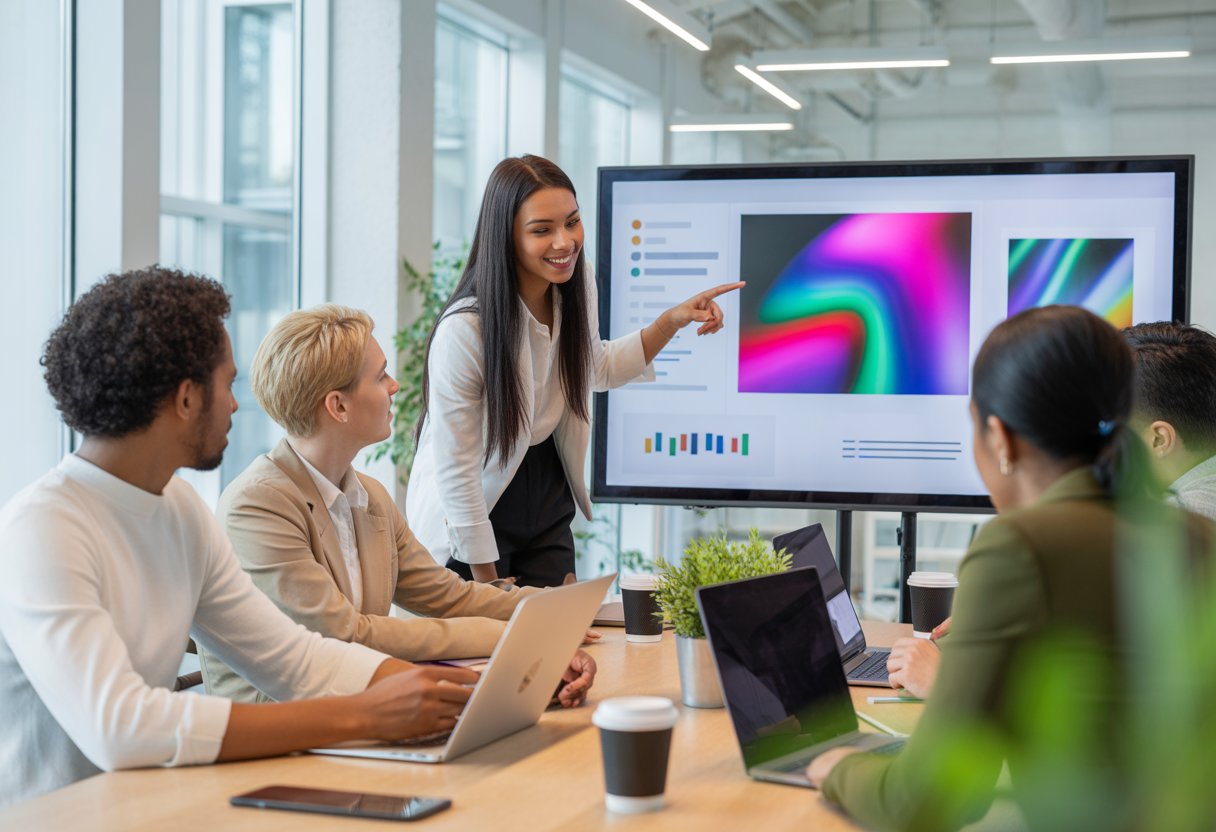 A group of people collaborating around a digital screen in a bright office setting.