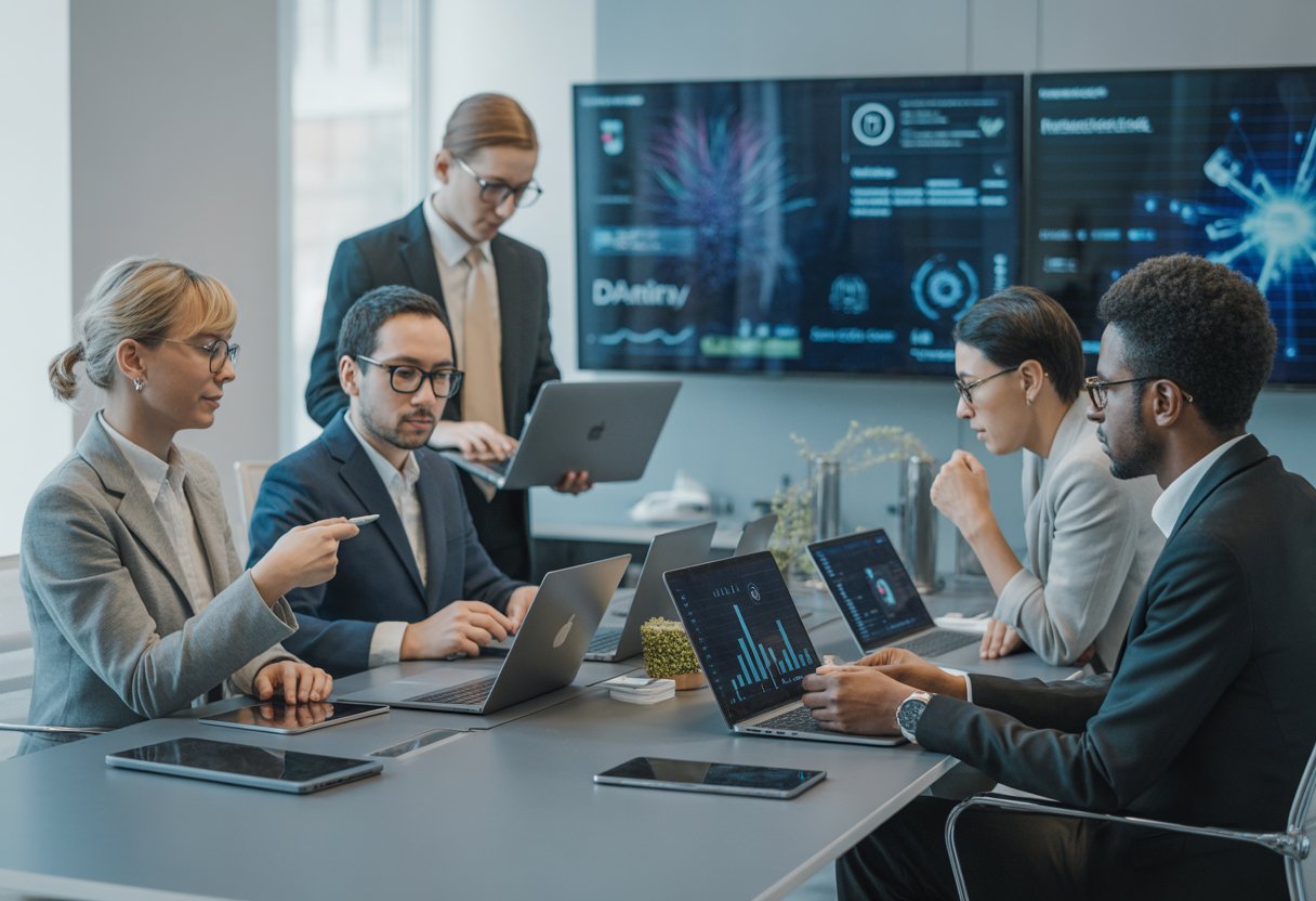 A group of business professionals collaborating around a conference table with laptops and digital devices displaying charts and data in a modern office.