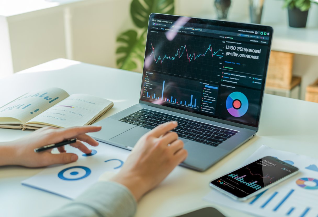 A person working on a laptop with SEO graphs and data in a bright office setting.