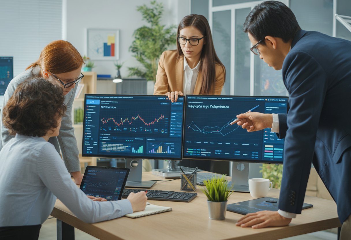 A team of professionals collaborating around computers displaying SEO data and graphs in a modern office.