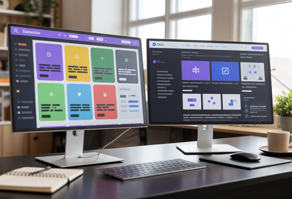 Two computer monitors on a desk displaying different website builder interfaces with office supplies and natural light in the background.