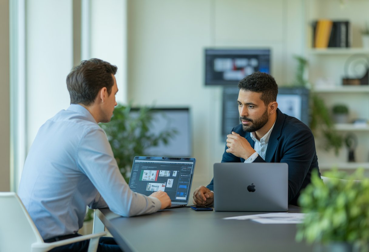 Two business owners discussing website design at a conference table with laptops in a modern office.