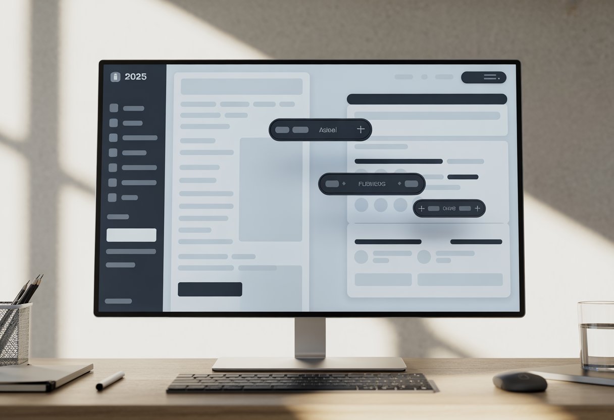 Computer monitor showing two different web interface layouts side by side with a fixed sidebar on the left and floating buttons on the right in a clean workspace.