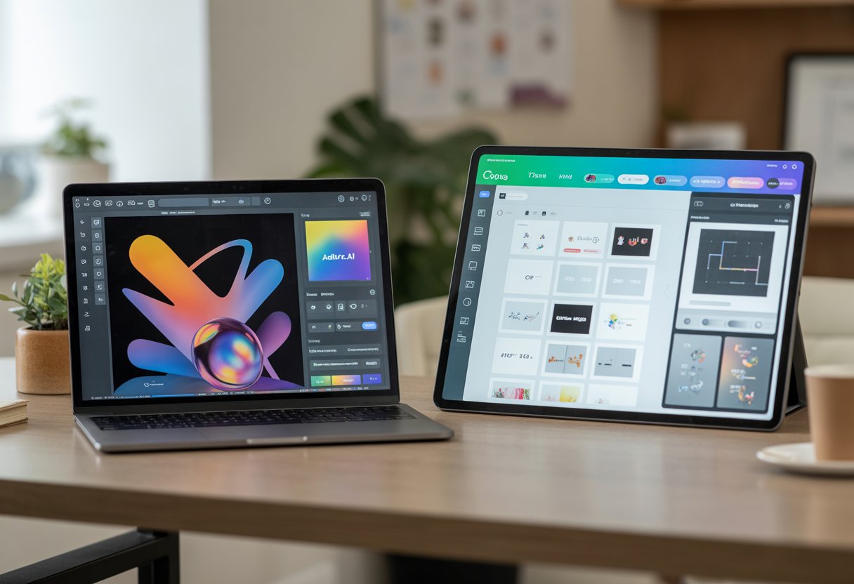 A modern office desk with a laptop and a tablet displaying different digital design interfaces side by side.