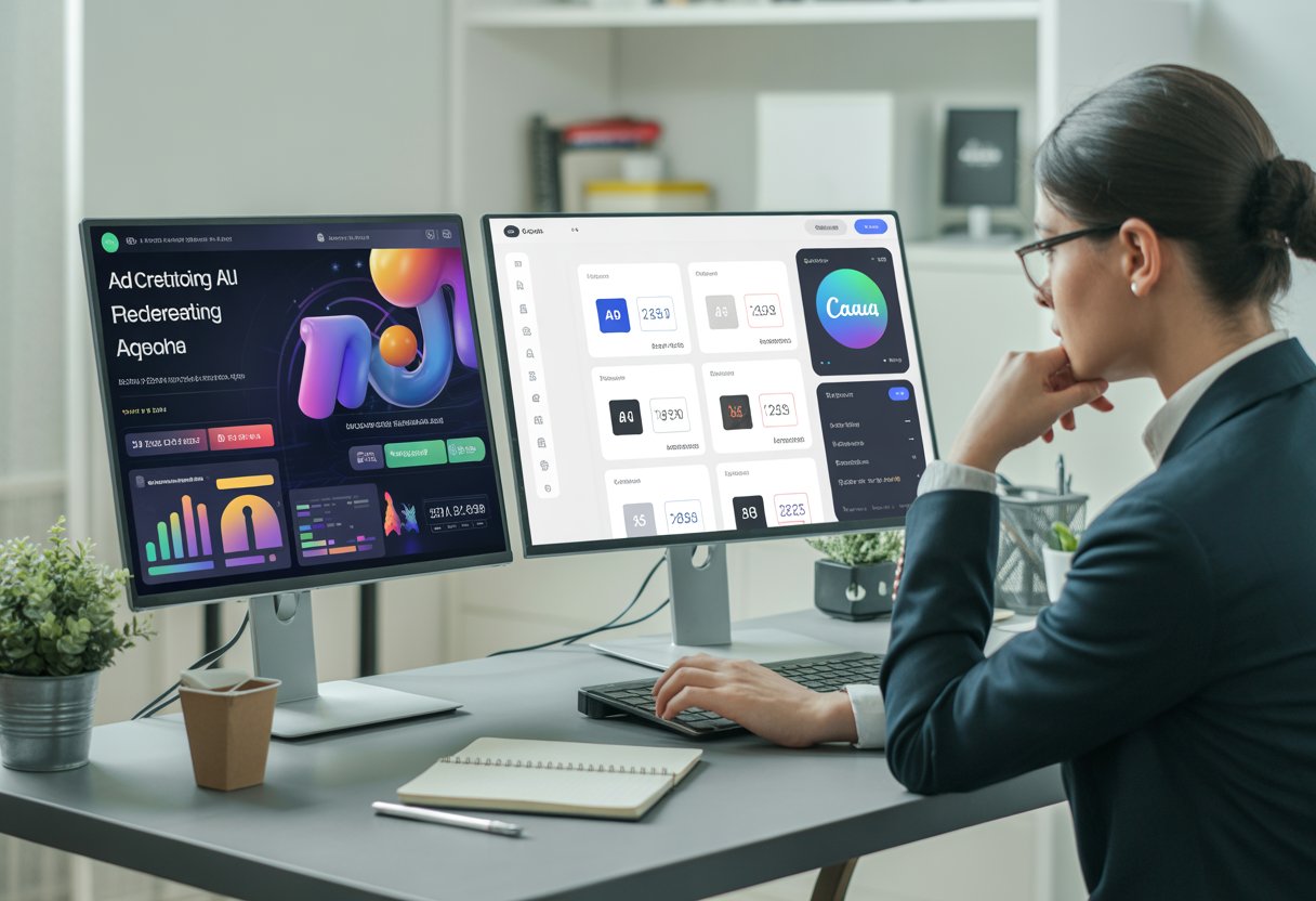 A person working at a desk with two computer screens showing different digital design platforms in a modern office setting.