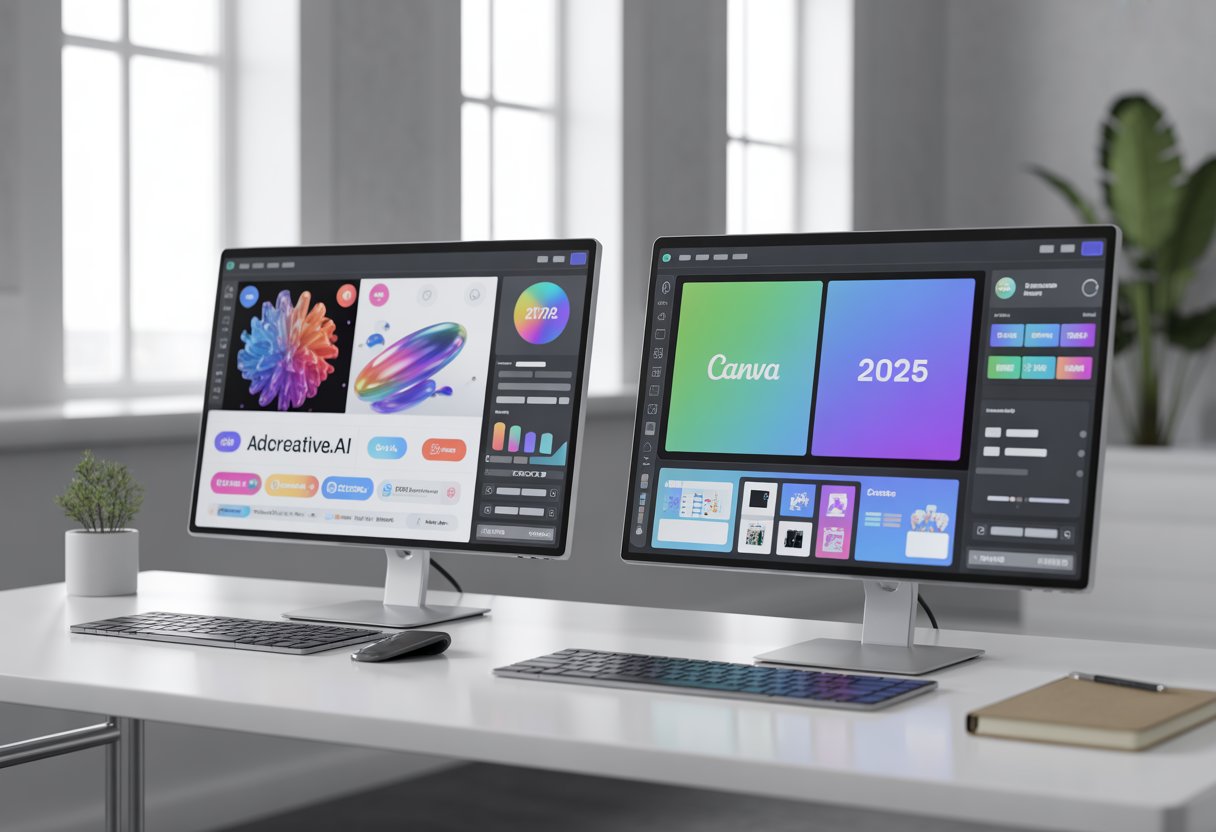 Two computer monitors on a desk in an office showing different digital design interfaces side by side.